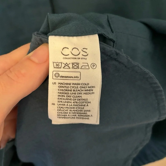 COS Cotton Linen A-Line Shirt Dress Mini Teal Blue Size 4 Minimalist Classic - Picture 5 of 6